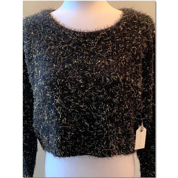 Francesca's Crop Black & Gold Metallic Fuzzy Sweater Size Medium Ivory Rose NWT - Picture 10 of 11